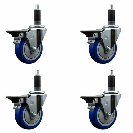 4'' Blue Poly Swivel 1-1/8'' Expanding Stem Caster Set With Brake, 4PK